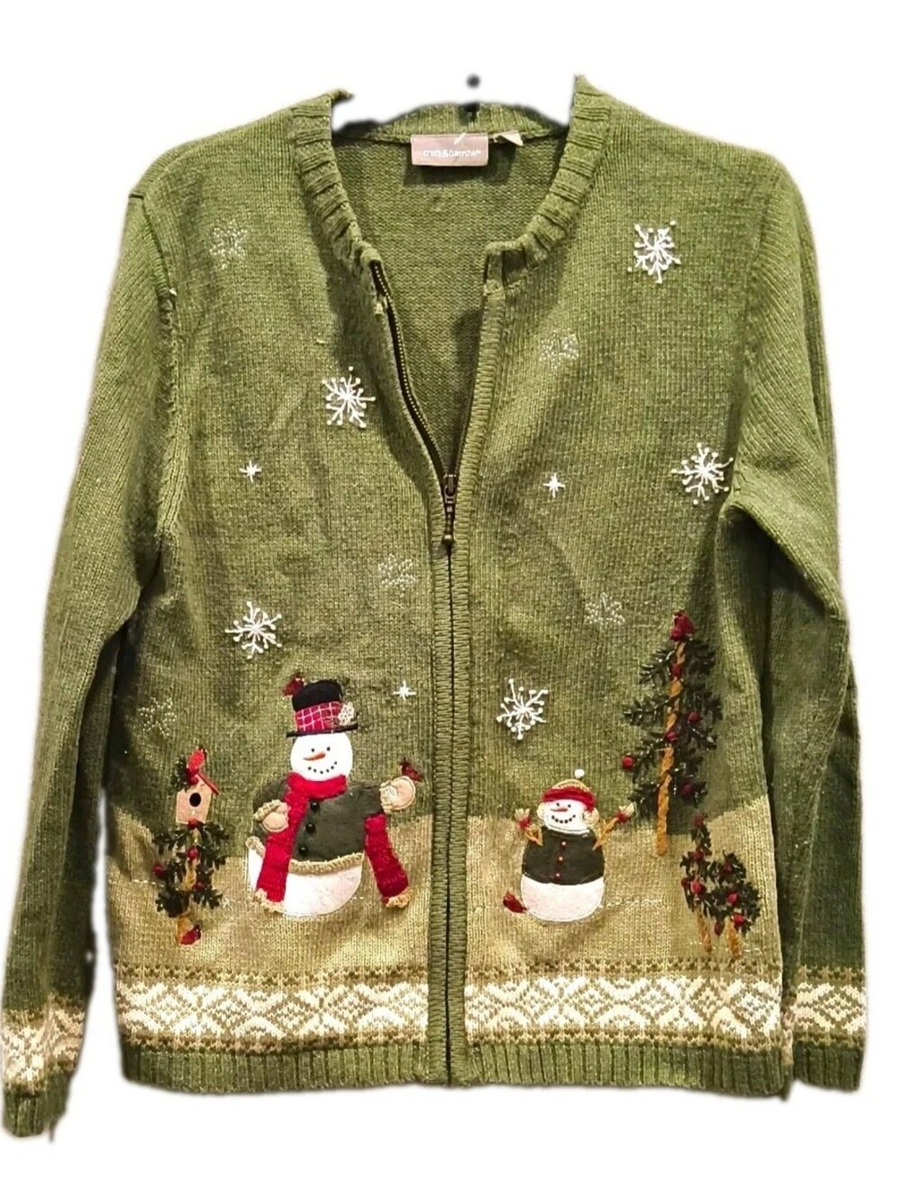 Croft & Barrow Women’s M Green Knit Full Zip Cardigan Snowman Snowflake